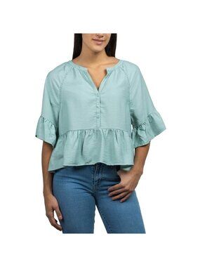 Jachs Girlfriend Womens Ruffle Hem Green Blouse Size M Lightweight